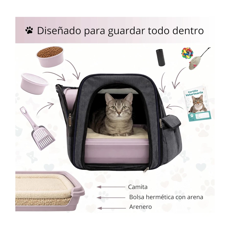 Kit Completo Gatos Accesorios: transportin Gato Grande y arenero Gatos, comedero, Bebedero, camita y Pala - Ideal en Viajes, Coche, Vacaciones y Bienvenida al hogar (Rosa)