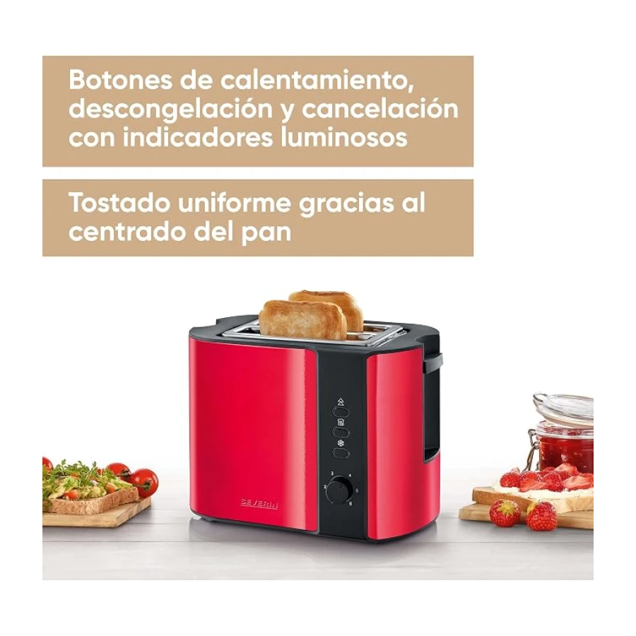 Severin AT 2217 Tostadora para 2 rebanadas de Pan, Incluye Soporte para tostar panecillos, 800 W Aprox, Rojo Metalizado/Negro, Acier INOX