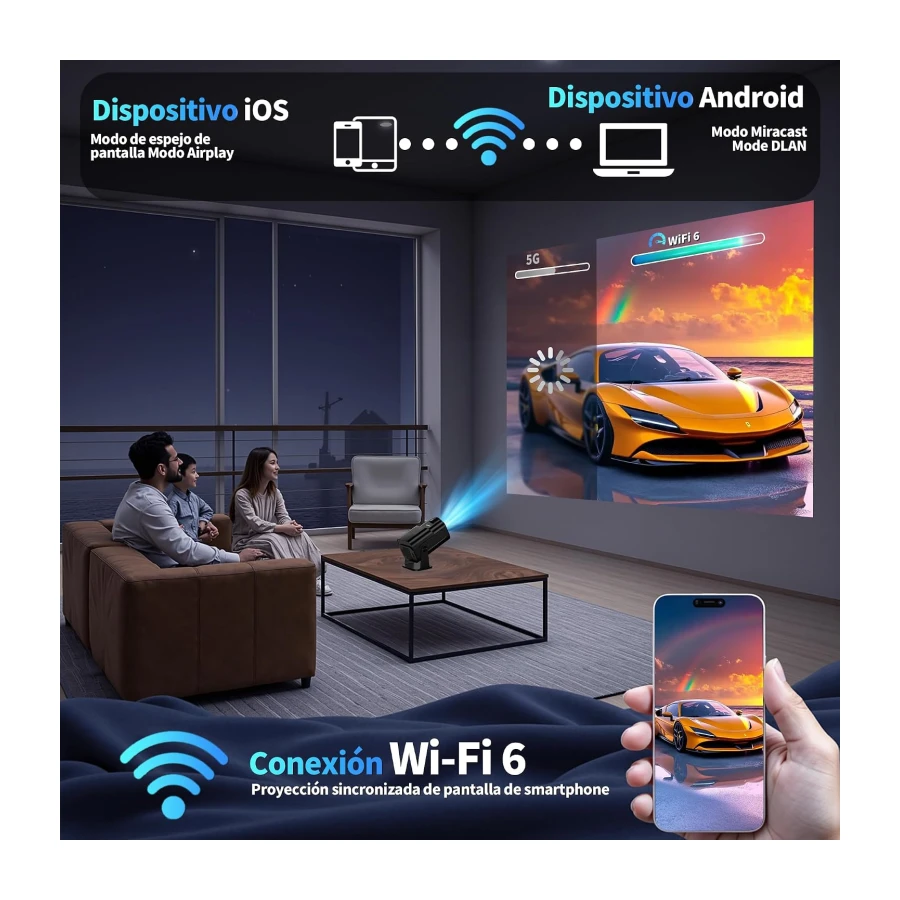 [App Integrada & 2026 Upgraded] Mini Proyector 4K 1080P Proyector Vídeo con WiFi 6 Bluetooth 5.2 Support Gira 270° Corrección Trapezoidal Automática para HDMI/TV Stick/PC/USB, Negro