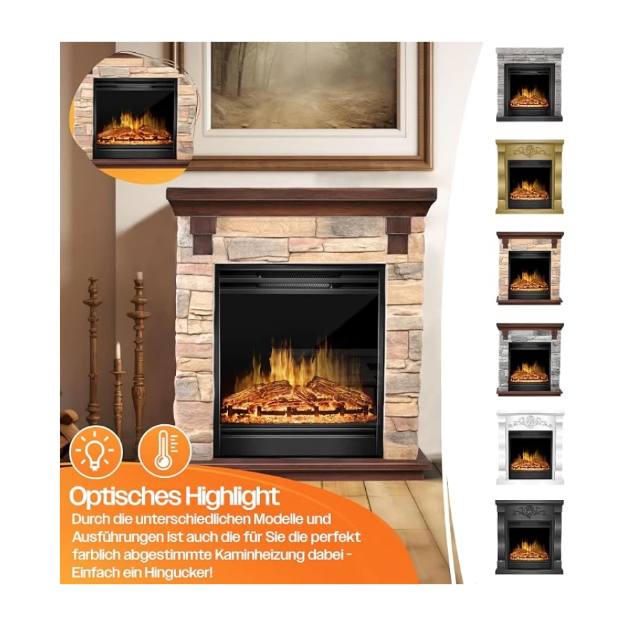 KESSER® Chimenea eléctrica - Chimenea eléctrica con Efecto de Llama LED 3D, con función de calefacción, Chimenea eléctrica con 1800W de Potencia, Temporizador semanal, Natural/Marrón