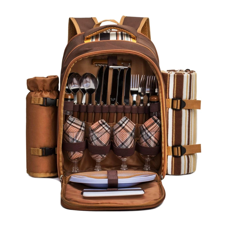 APOLLO WALKER Picnic Backpack, Picnic Set for 4 People (Tableware and Blanket), Beach Cooler Backpack, Insulated Backpack Bags for Camping, Beach and Hiking (Coffee - Four People)