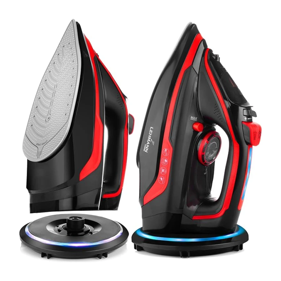 LEHMANN LGOIR-2632 Plancha de Vapor Inalámbrica 3000W, Plancha Ropa con Suela Cerámica, Base de Carga, Depósito 320 ml, Sistema Antigoteo, Función de Limpieza Fácil, Apta para Planchado Vertical
