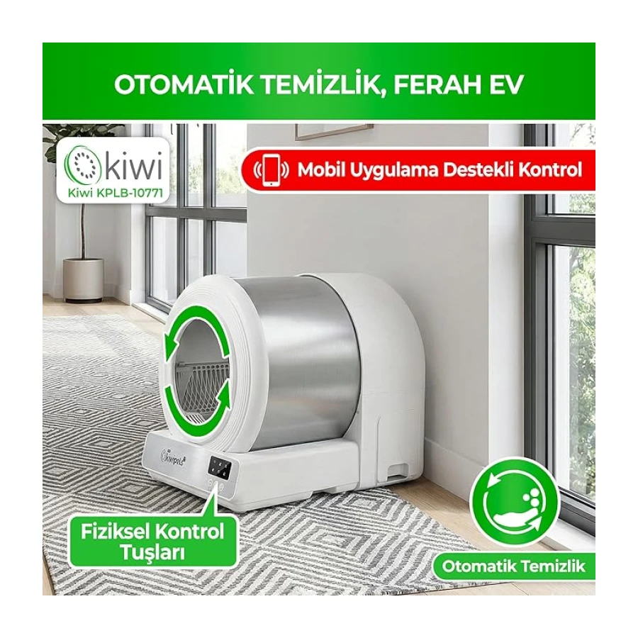 Kiwi Tiny KiwiPets KPLB-10771 Akıllı Kendi Kendini Temizleyen Kedi Tuvaleti 60L – Geniş İç Hacim, Koku Giderici Otomatik Sistem(Beyaz)