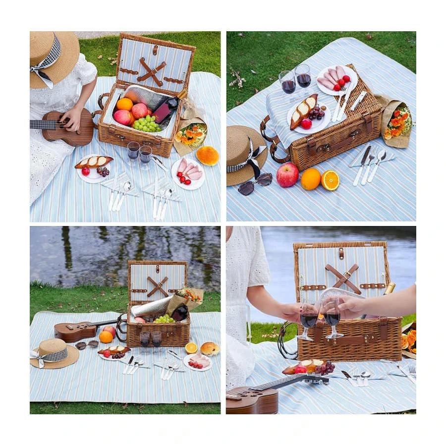 Juego de cesta de picnic para 2 personas, cesta de sauce con gran compartimento térmico aislante, manta impermeable y kit de servicio de cubiertos, marrón clásico