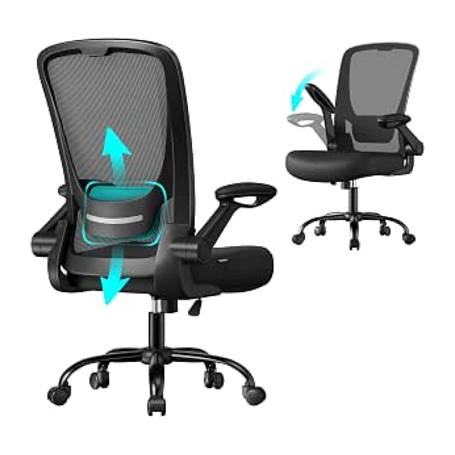 SONGMICS Silla de Oficina, Silla de Escritorio de Malla, Silla Giratoria Ergonómica, Soporte Lumbar, Oscilante, Asiento de 53 cm, Apoyabrazos Abatibles, Negro OBN037BKV2