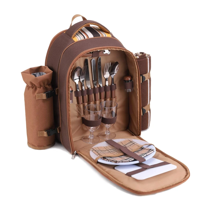 APOLLO WALKER Mochila Picnic, Juego de Picnic Set 4 Personas (Vajilla y Manta), Nevera Playa Mochila, Bolsas Mochilas Termicas para Acampar, Playa y Senderismo（Café - Dos Personas）