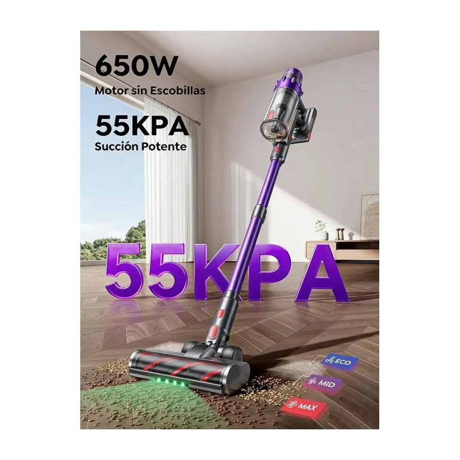 55KPA/650W/70Min(ECO) Aspiradora sin Cable, Aspiradora Vertical con Cepillo para Mascotas, Manguera 1.5M, Modo Automático,Cepillo Anti-Enredo, Luz Verde, Fragancia para Pelo de Mascota, Alfombras