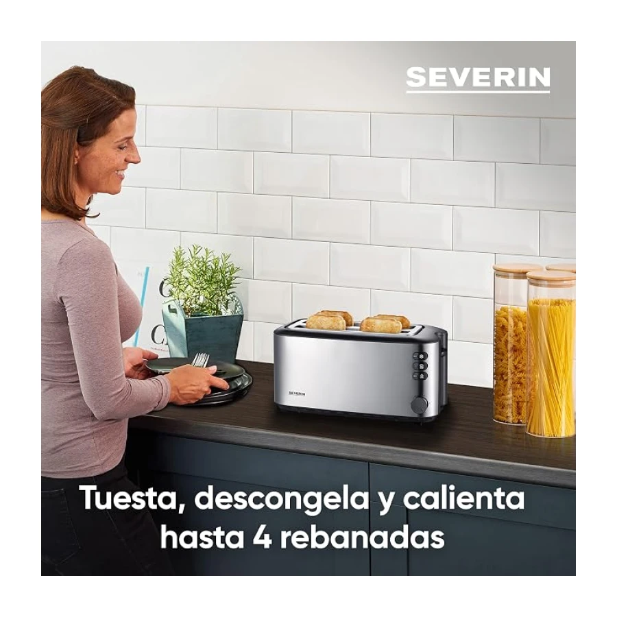Severin Tostadora automática, tostador con dos ranuras y soporte para panecillos, 1400 W, acero inoxidable cepillado y negro, AT 2509