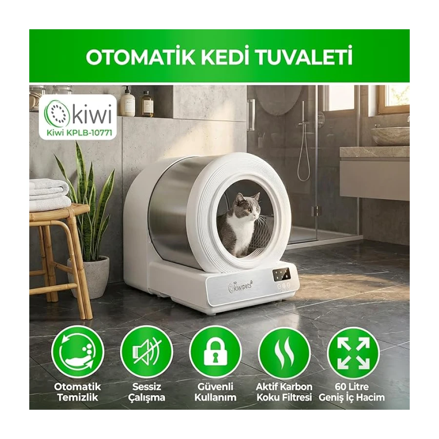Kiwi Tiny KiwiPets KPLB-10771 Akıllı Kendi Kendini Temizleyen Kedi Tuvaleti 60L – Geniş İç Hacim, Koku Giderici Otomatik Sistem(Beyaz)