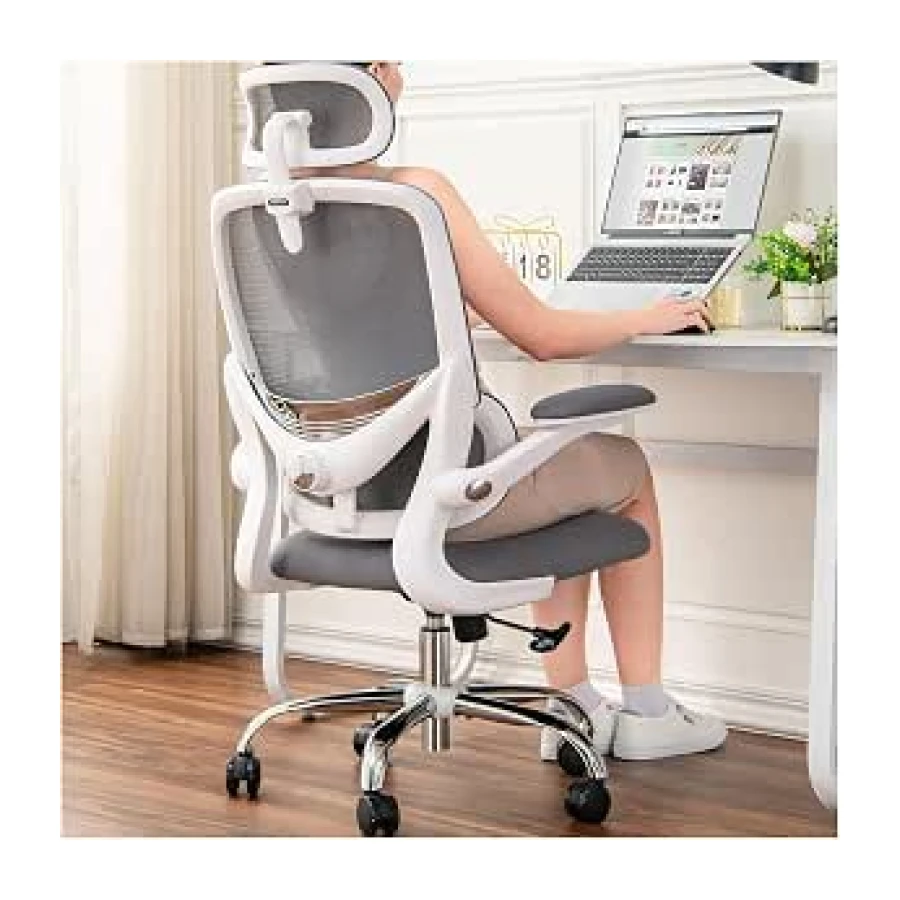 Silla Ergonómica para Oficina, Silla de Escritorio Respaldo Alto de Malla, Soporte Lumbar Ajustable, Reposabrazos Abatible, Reposacabezas Desmontable, Silla Giratoria para Juegos, 150 KG