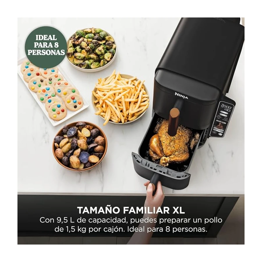 Ninja Double Stack XL, Freidora de Aire de 9,5L, Negro/cobre, SL400EUCP | Doble Cajón Vertical, 4 Niveles de Cocción, 2 Cajones y 2 Rejillas, Diseño Compacto, 6 Funciones, hasta 8 Porciones
