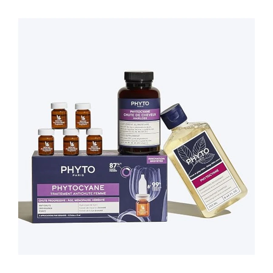 Phyto Paris - Phytocyane - Tratamiento Anticaída Progresiva Mujer 12 x 5ml - Maca Bio Patentada - Hidrolizado de Lupino - 85% Caída Frenada - Sin Aclarado