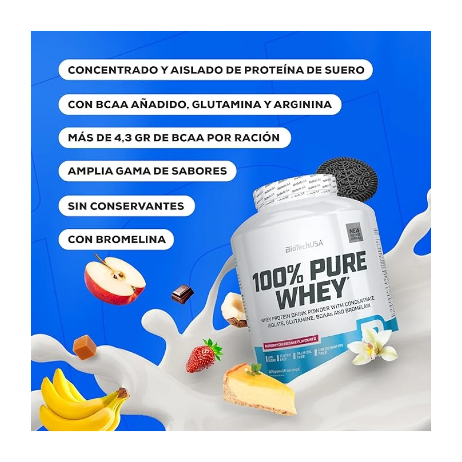 BioTechUSA 100% Pure Whey | Complejo de proteína de suero | Con BCAA y L-glutamina | Enzimas de bromelina | Bajo contenido en azúcar | Sin gluten | 2 kg, Chocolate