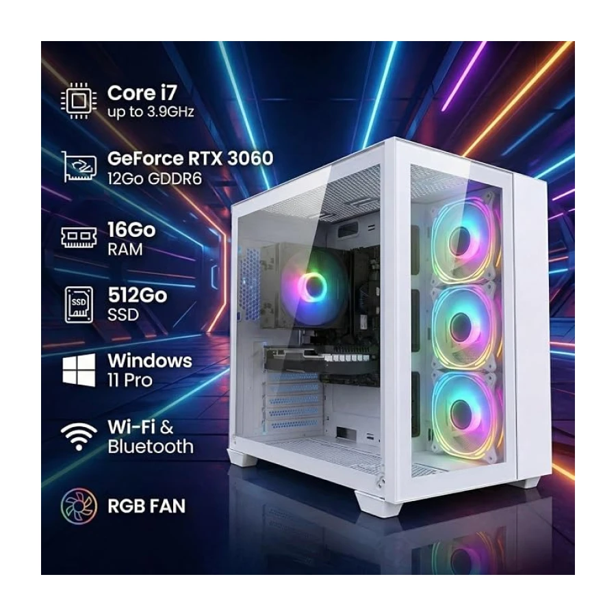 STGsivir PC Gaming, Core i7, RTX 3060 12G, 16G RAM, 512G SSD | Ordenador Gaming para Streaming, Edición de Video, Tareas, hasta 3.9 GHz, WiFi 6, BT 5.0, 4K,HDMI,DP, Win11 Pro, ARGB,Blanco