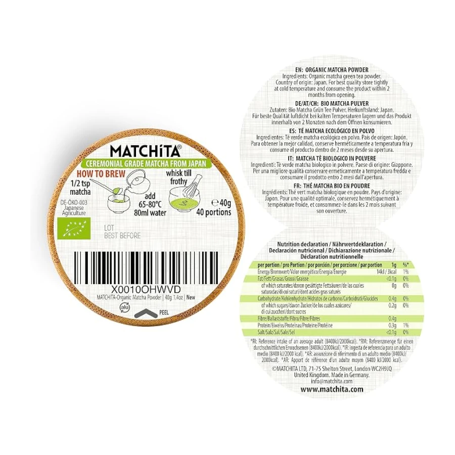 MATCHITA Té Verde Matcha Orgánico de Calidad Ceremonial (40g) - Caja de Bambú - Rico y Cremoso: Bebidas Calientes y Frías, Cafés y Batidos - Aumenta los Niveles de Energía y la Capacidad Inmunitaria