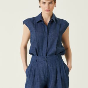 Emporio Armani - پیراهن کتان آستیندار آبی آیکون