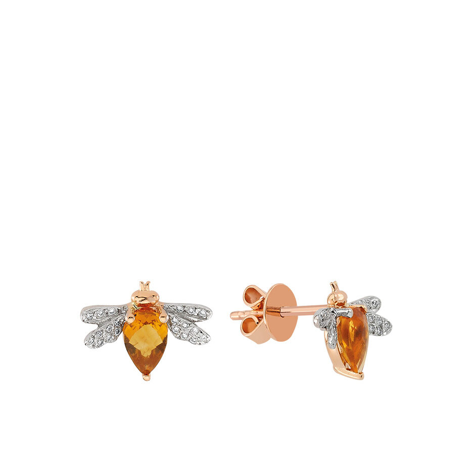 Bee Goddess - گوشواره تک نگین زنانه طرح ملکه زنبور عسل S با نگین سیترین و الماس