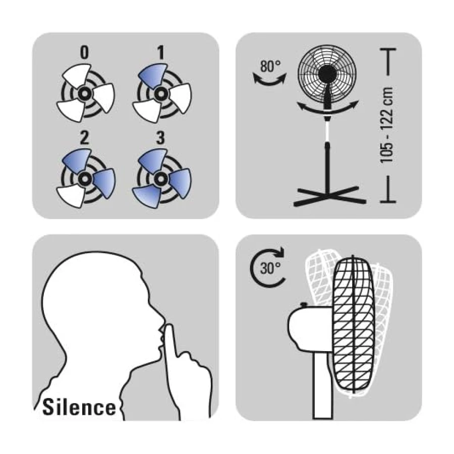 TROTEC Ventilateur sur pied TVE 17 S | Hauteur réglable entre 105 et 122 cm | Fonction d'oscillation automatique à 80° | Ventilateur à 3 vitesses | Puissance de 40 watts