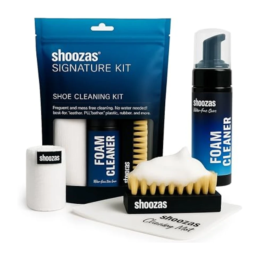 Shoozas - Kit de Nettoyage pour Baskets - Nettoyant Mousse, Tapis Étanche, Brosse et Serviette en Microfibre - Idéal pour Cuir, Caoutchouc, Plastique et Semelles - Sans Eau, Sans Toxiques