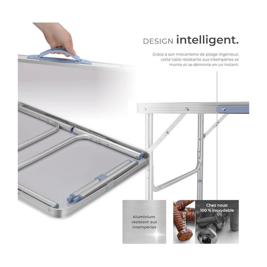 tectake® Table Pliante de Pique Nique Camping en Aluminium Légère & Compacte Table a Manger Hauteur réglable, avec Poignée de Transport 75 x 55 x 68 cm