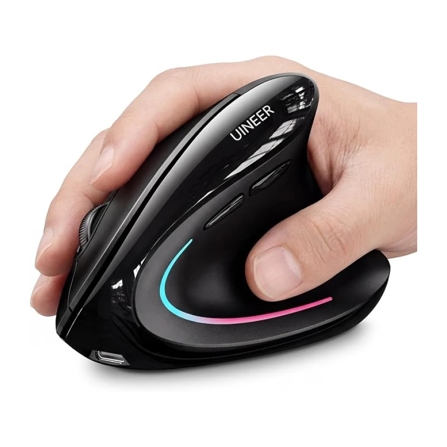 Uineer Souris Ergonomique Vertical sans Fil 【Confort Amélioré】, silencieuse, Rechargeable, RGB, Bluetooth + 2,4G, DPI réglable, Compatible PC, Mac | Basculez entre 3 appareils via Bluetooth double et 2,4 G ; rechargeable avec éclairage ambiant 7 couleurs.