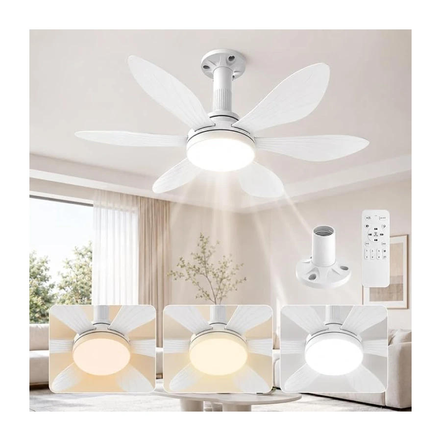 Hisummer 71cm Ventilateur de Plafond avec Lumière et Télécommande, Connexion E27 Uniquement avec Socle Fourni, Installation Rapide, Petit Ventilateur Plafond Silencieux pour Chambre Chambre D'enfant