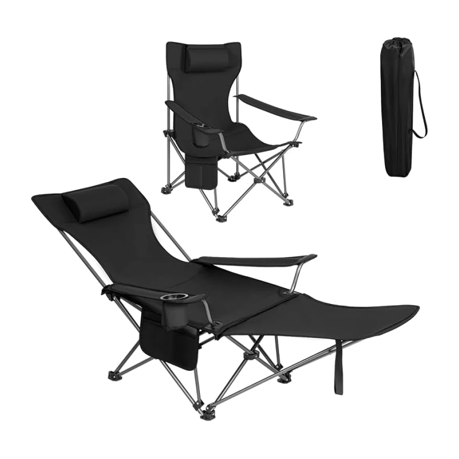 WOLTU Chaise de Camping Pliante Fauteuil de Pêche Chaise de Plage Chaise Longue avec Repose-Pied et Appui-tête Amovible, Sac de Transport, pour Activités en Plein Air, Noir