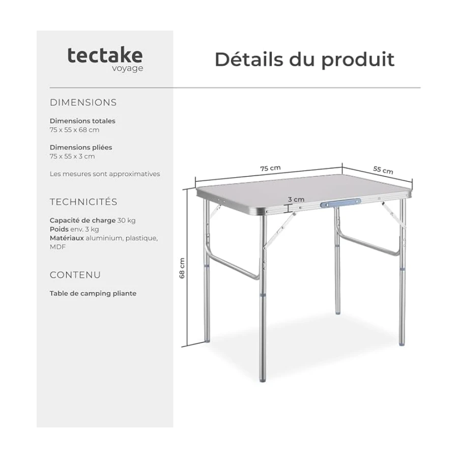 tectake® Table Pliante de Pique Nique Camping en Aluminium Légère & Compacte Table a Manger Hauteur réglable, avec Poignée de Transport 75 x 55 x 68 cm
