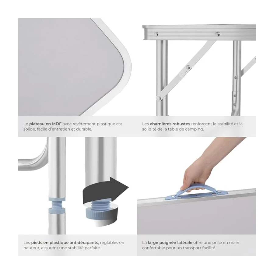 tectake® Table Pliante de Pique Nique Camping en Aluminium Légère & Compacte Table a Manger Hauteur réglable, avec Poignée de Transport 75 x 55 x 68 cm