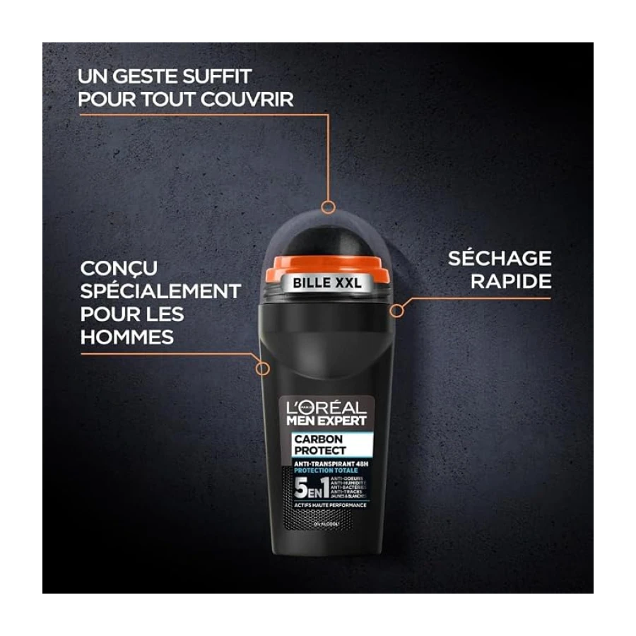 L'Oréal Paris Men Expert Carbon Protect Déodorant Bille 50ml Lot de 6 | Protection 48h, Carbone absorbant, Anti-odeurs humidité bactéries, Séchage ultra rapide, Anti-traces jaunes et blanches