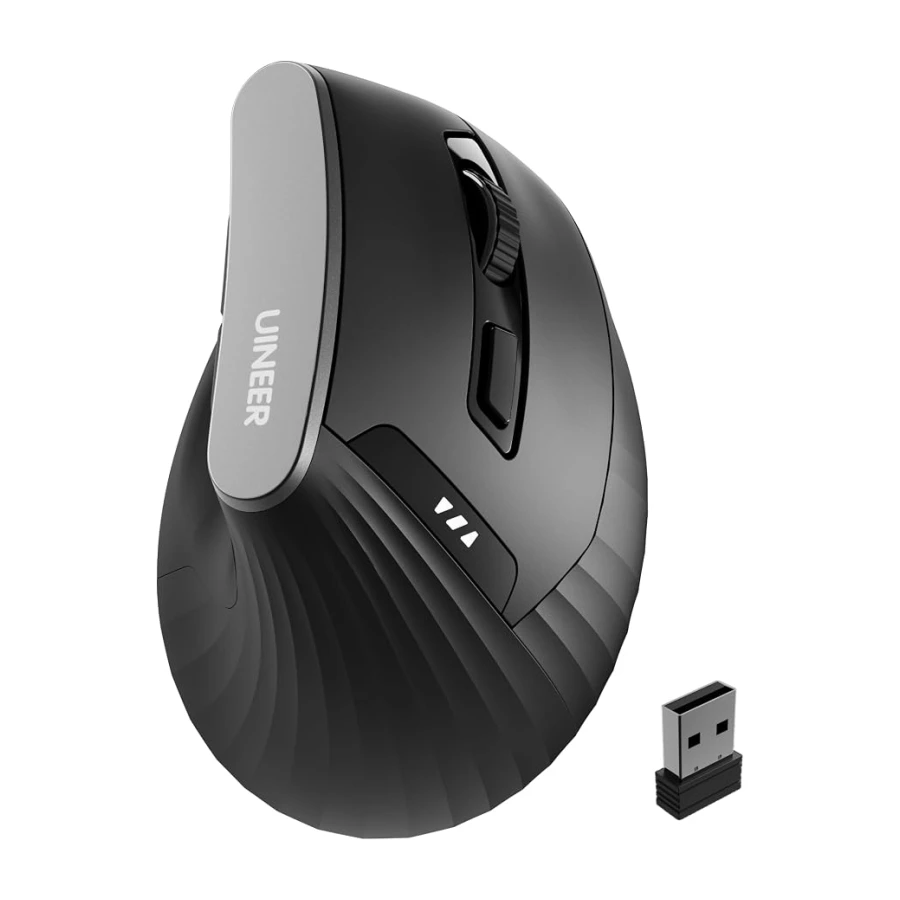 Uineer Souris Ergonomique Verticale sans Fil 2,4 GHz, Noire | Indicateur de Batterie, 4 Niveaux de DPI, Prise en Main Confortable, pour la Maison et le Bureau, Noire