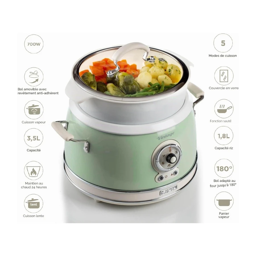 Ariete 2904, Cuiseur à Riz, Cuiseur à Riz Mijoteuse, Cuisson à la Vapeur, Ligne Vintage, 3,5 L, Revêtement Céramique Anti-Adhésif, 650 W, Vert