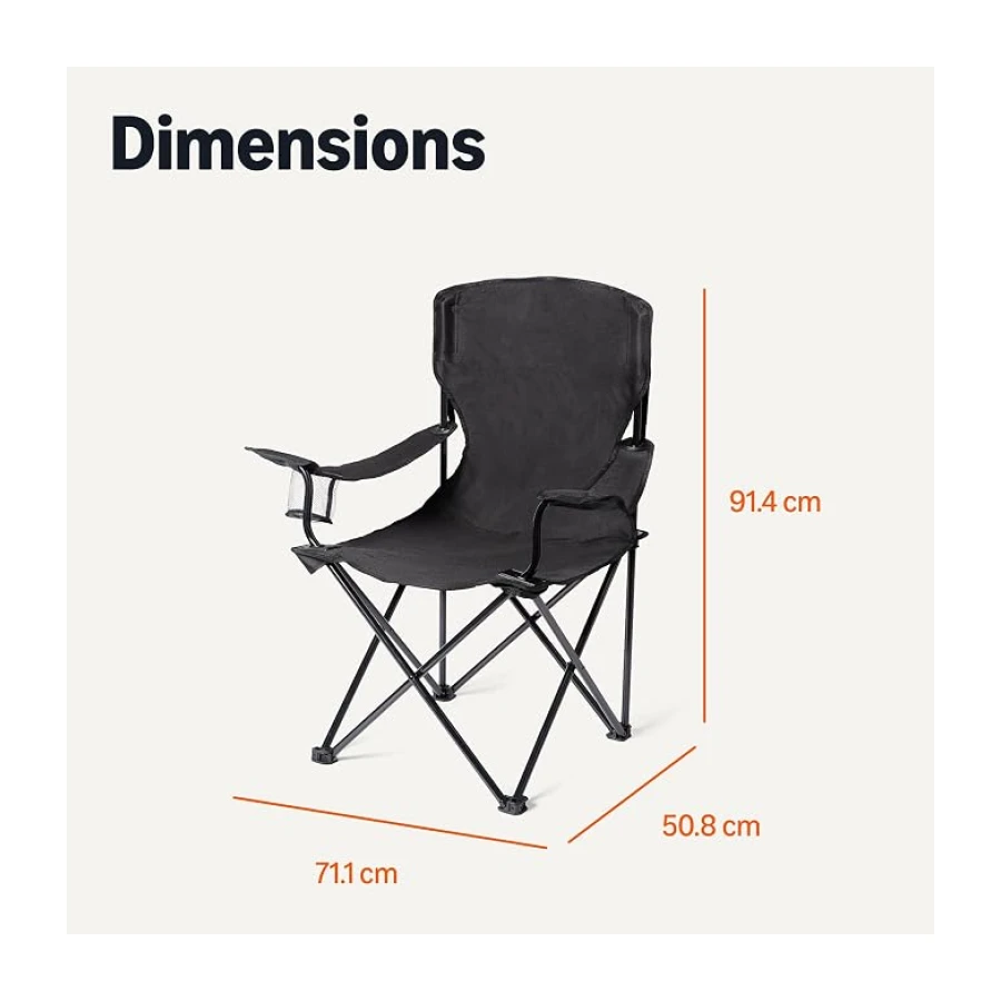 Amazon Basics Chaise de Camping Pliable avec Porte-Gobelets - Chaise d'Extérieur avec Armature en Acier, Résistante à l'eau, avec Sac de Transport - 72,5cm x 52,5cm x 93,2cm - Noir - Lot de 2