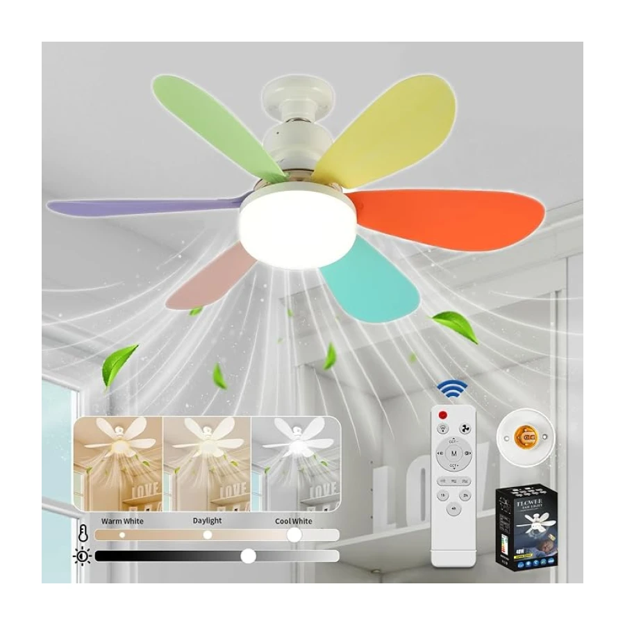 VHV Ventilateur de Plafond avec Lumière et Telecommande, LED Ventilateur Dimmable Plafonnier avec 40W E27 Lampe Intégrée, 6 Pales, 3 Vitesses, Silencieux, pour Salon, Chambre, Coucher