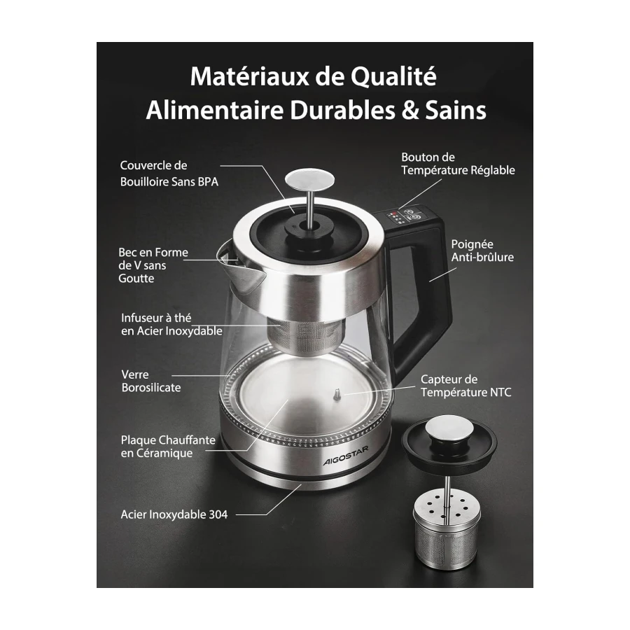 Aigostar Bouilloire Electrique Temperature Reglable, Sans BPA