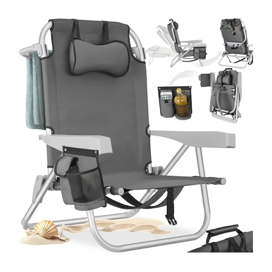 tectake® Chaise pliante Chaise Plage Fauteuil Camping, Cadre en Aluminium inoxydable, Dossier réglable 5 positions avec Appuie-tête Porte gobelet Sac isotherme intégré Accessoire plage Voyage Palmarès