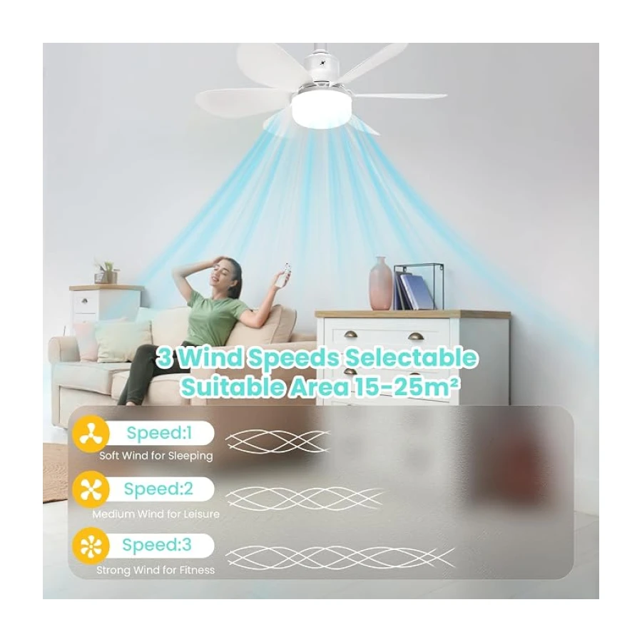 Ventilateur de Plafond avec Lumière et Telecommande,30W Lampe Ventilateur Plafond avec Douille E27,Dimmable LED Ventilateur Plafond pour Chambre,Faible Bruit,6 Pales,3 Vitesses,Timing