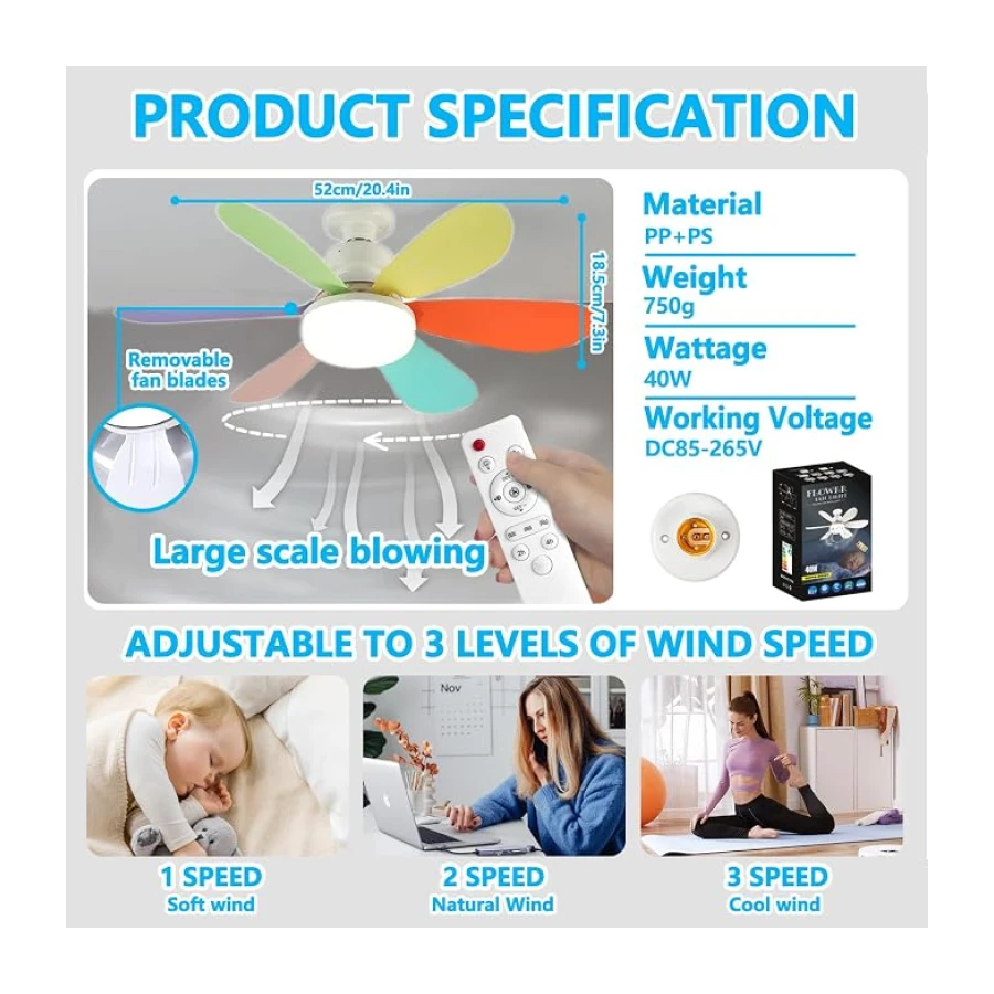 VHV Ventilateur de Plafond avec Lumière et Telecommande, LED Ventilateur Dimmable Plafonnier avec 40W E27 Lampe Intégrée, 6 Pales, 3 Vitesses, Silencieux, pour Salon, Chambre, Coucher