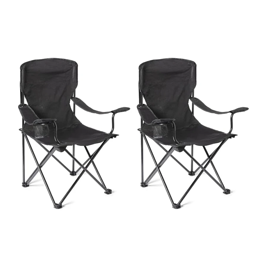 Amazon Basics Chaise de Camping Pliable avec Porte-Gobelets - Chaise d'Extérieur avec Armature en Acier, Résistante à l'eau, avec Sac de Transport - 72,5cm x 52,5cm x 93,2cm - Noir - Lot de 2