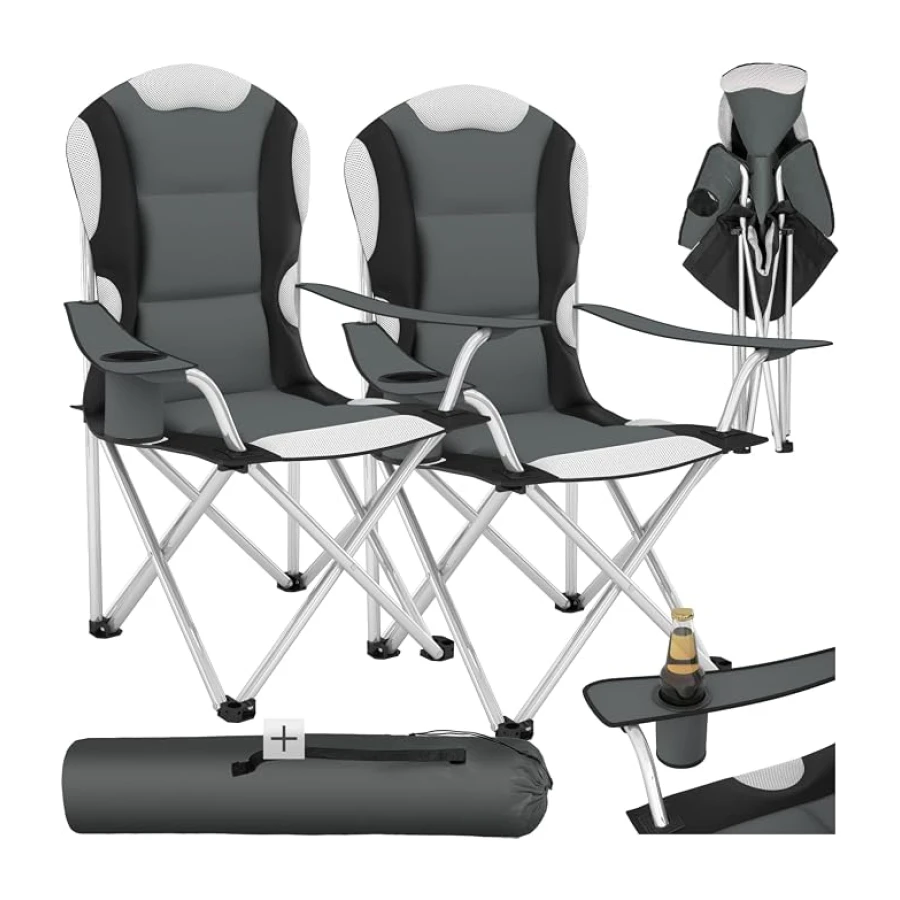 tectake Chaise de Camping Fauteuil Pliable avec Porte-Boisson et Sac de Transport - Rembourrage en Mousse -diverses Couleurs et Tailles au Choix- (Gris (2 pièces)) Ø Cadre: Environ 19 mm