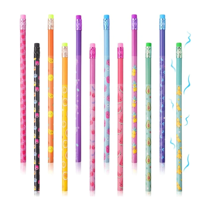 Vicloon Crayons Parfumés, 12pcs Crayon Mignon, Crayon en Bois pour Enfants, Crayons Graphite Récompenses de Fête D'enfants de Papeterie Scolaire Avec Des éléments de Fruits (Rose)
