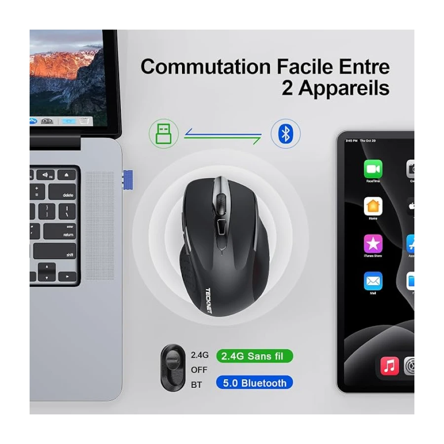 TECKNET Souris Bluetooth,Souris sans Fil Rechargeable Silencieuse 3 Modes (BT5.0/3.0+2.4G) 4800 DPI Souris Ergonomique pour Ordinateurs,Portables,Mac, PC,Windows,Noir