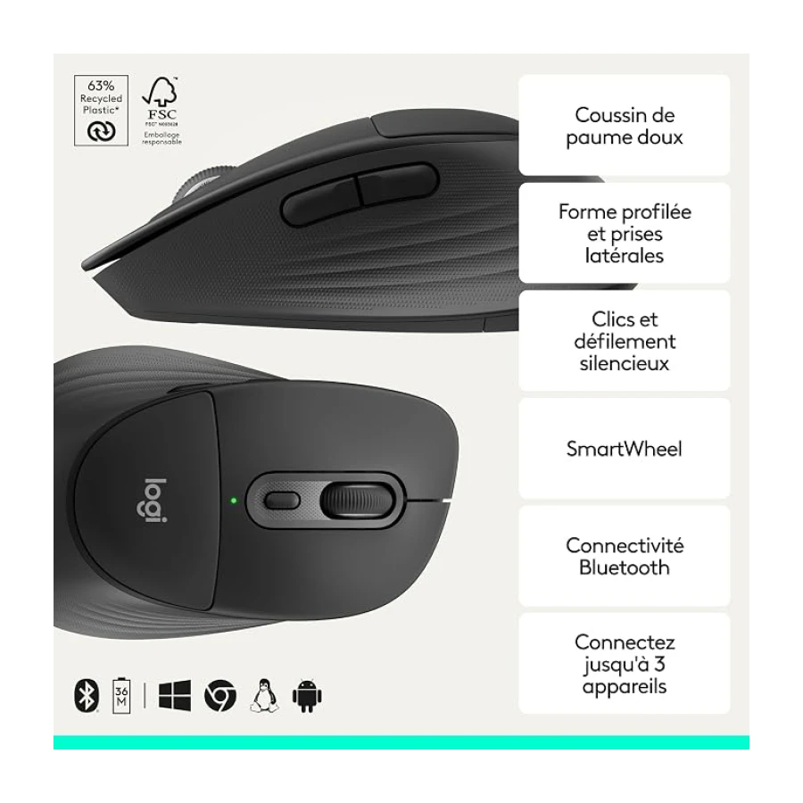 Logitech Signature Comfort Plus M850 L, souris sans fil | Cuscinetto palmo, clic silenziosi, Bluetooth, batteria 24 mesi, pulsanti personalizzabili, per Windows, Mac, iPad - Nero