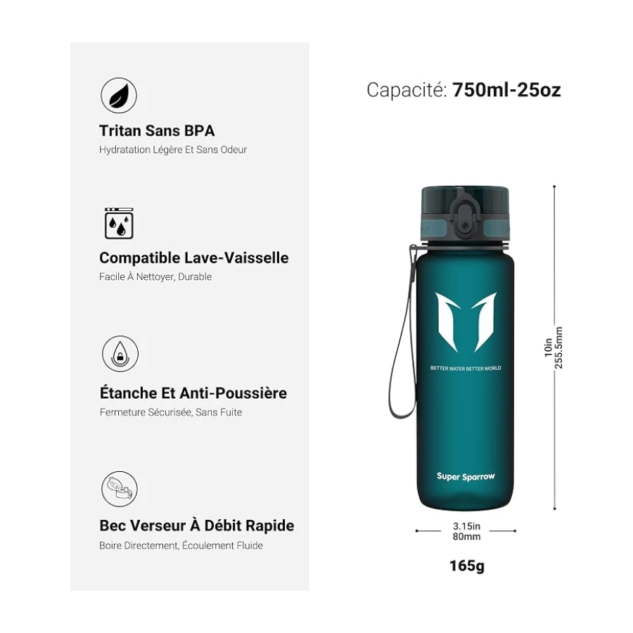 Sparrow Gourde Sport 500ml/750ml/1L - sans BPA - Tritan Plastique Bouteille | Étanche, Gourdes eau, Légère, Lave-vaisselle, Flip Top 1-Clic, Ergonomique, École, Sport, Fitness, Gym, Running, Randonnée