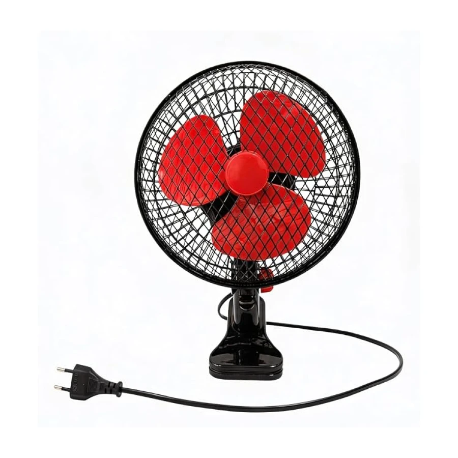 GROWMANIA Ventilateur, oscillant, 2 vitesses, 20 cm, 20 W, puissant, ventilateur électrique, noir, avec 3 pales rouges, silencieux, rotation à 360°