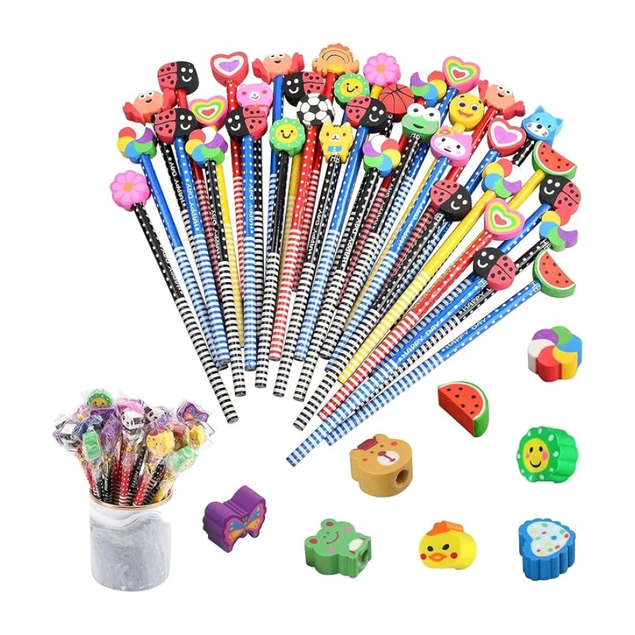 Cadeaux de retour pour les jeunes - 'Anniversaire des Enfants', Lot de 36 Crayons avec Gommes Animales pour Cadeau de Fête d'Anniversaire et Plus
