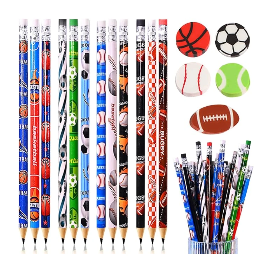 63 pièces Crayons de sport avec Balle Gomme, 48 pièces En bois Des crayons HB Crayons à dessin avec 15 pièces Gomme pour Enfants École Papeterie Étudiant Fournitures de bureau pour enseignants