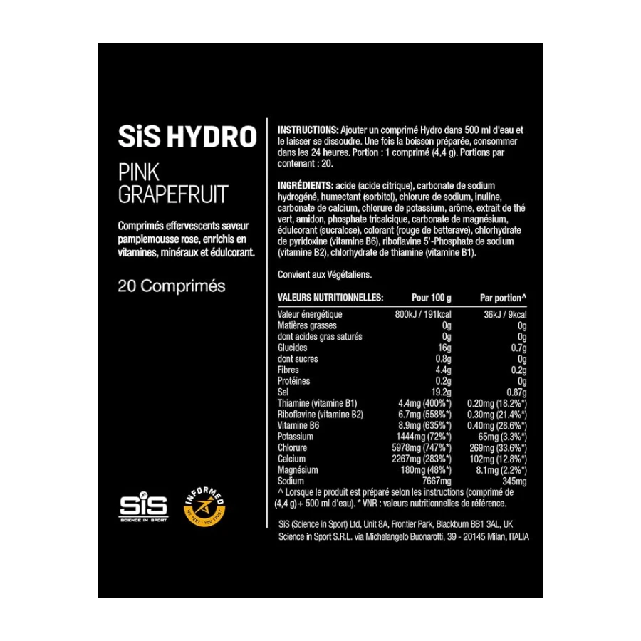 Science in Sport HYDRO Comprimés 20 pcs Pamplemousse rose - Comprimés électrolytes, vegan, comprimés effervescents pour équilibre électrolytique (emballage peut varier) | Quatre électrolytes clés et vitamines B, sans sucre, hydratation sportive végétalien