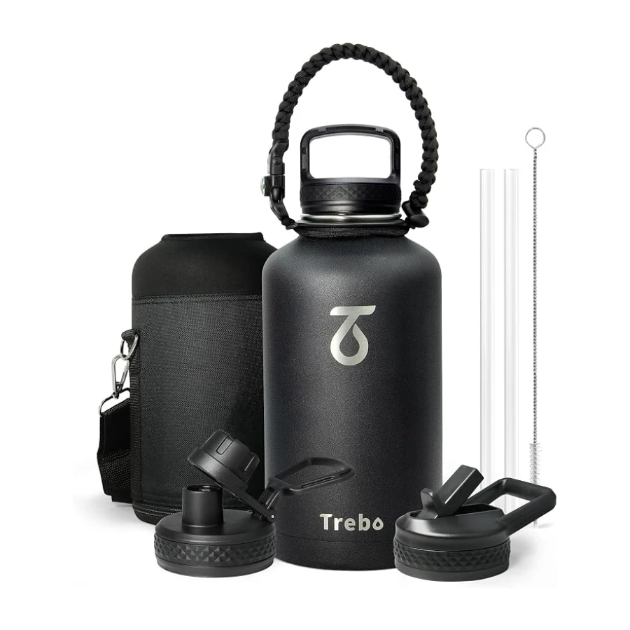 Trebo Bouteille d'eau de 1800 ml, grande carafe d'eau en acier inoxydable avec 3 couvercles, triple paroi sous vide, bouteille isotherme pour le sport, garde au chaud 24 heures et au froid 48 heures