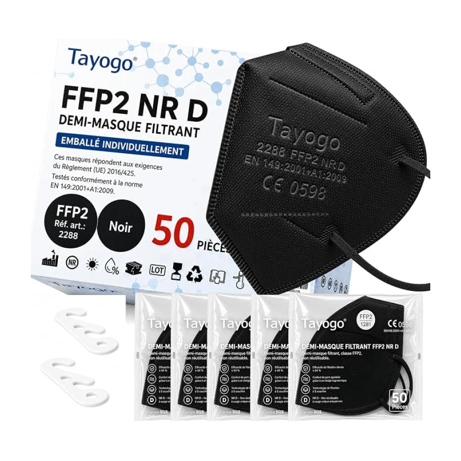 Tayogo 50 Masques FFP2 Blancs ou Noirs, Certifiés CE 0598, 5 Couches, Filtration 99,5%, Hypoallergéniques, Sans Odeur, Confortables, Emballage Individuel, Protection Respiratoire + 2 Attaches Oreilles